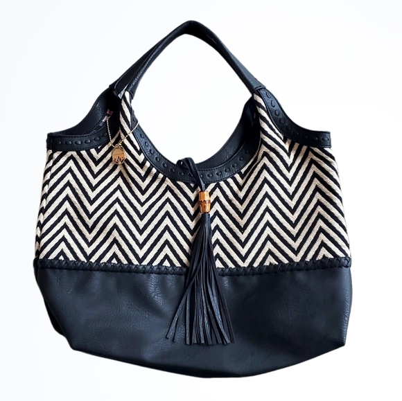 Big Buddha Handbags - Big Buddha Black Leather and Chevron Cloth Slouchy Shoulder Bag w Tassel Close